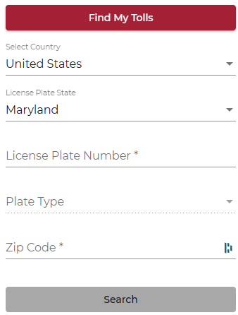 Screenshot of form to search for tolls using your license plate number