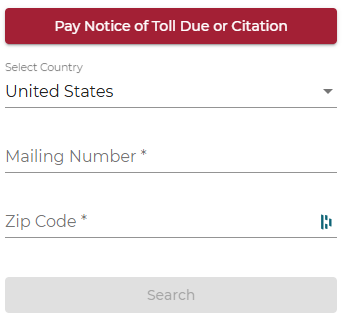 Screenshot of form to pay an Notice of Toll Due or Citation